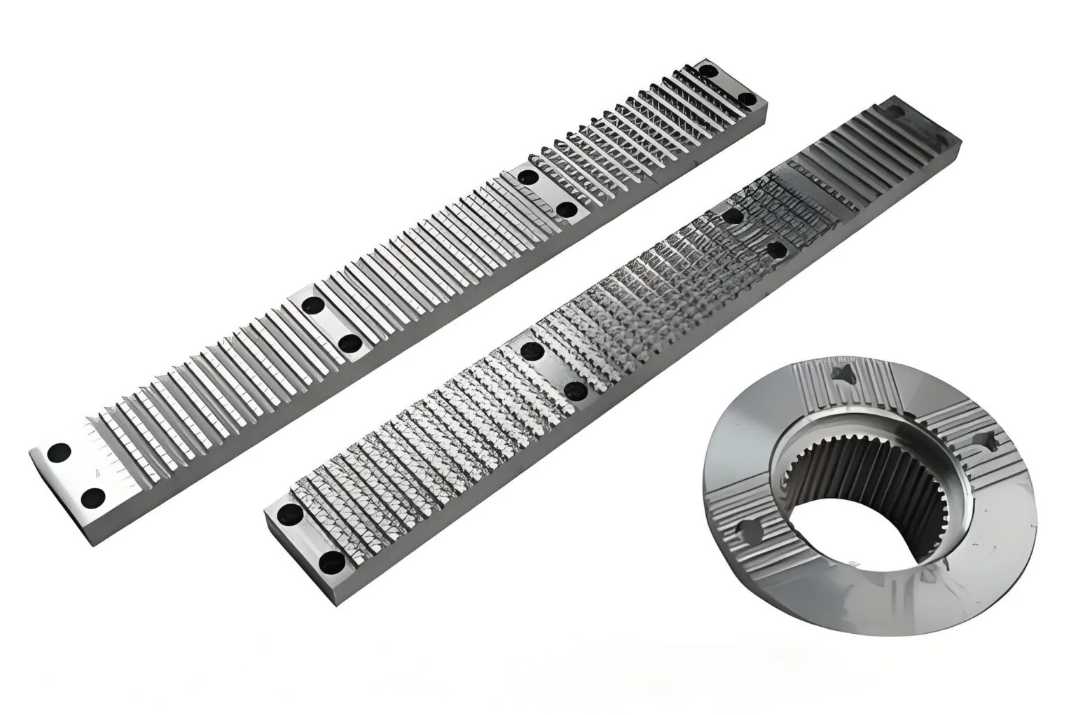 Segment broach set alongside finished internal spline ring component at United Broach Company
